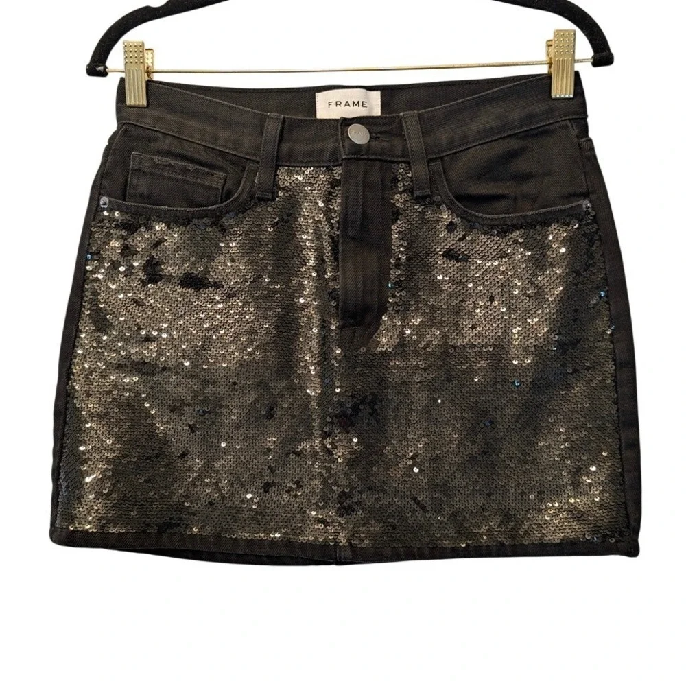 FRAME Beacon Black Sequin Denim Sparkle Disco Edgy Glam‎ Chic Mini Skirt Sz 24